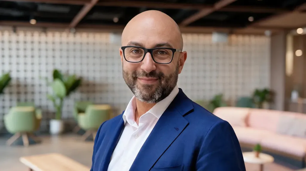 Picture of Italy partner Andrea Cardillo in front of office wall and lounge