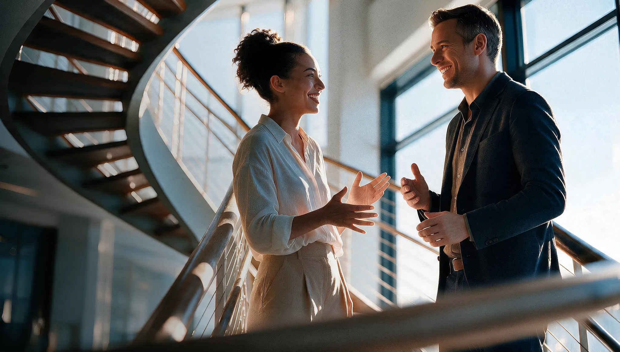 Smiling executive woman happily conversing with executive man while standing on a spiraling staircase of an office building