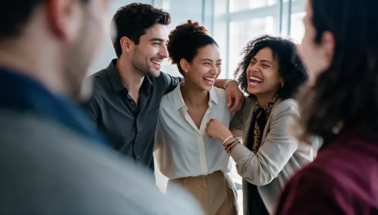 Picture of a diverse, energetic team coming together and laughing in the office